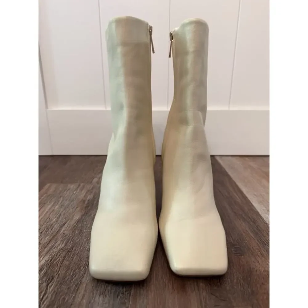 Sam Edelman Womens Anika off-white Square toe Leather Mid-Calf Boots Sz 8.5 EUC